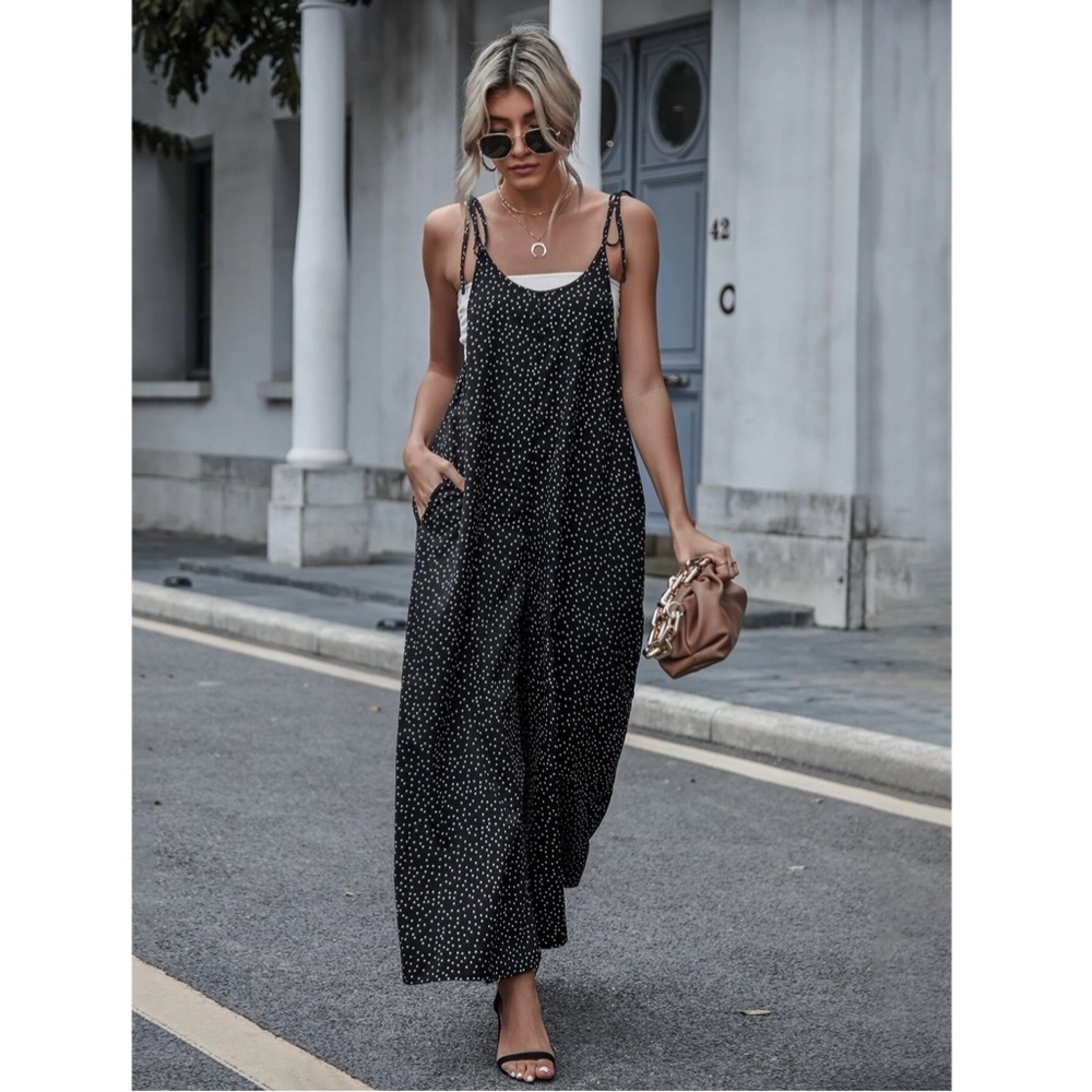 Tie Shoulder Polka Dot Black Wide Loose Fitting Jumpsuit - Picture 6 of 9